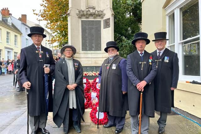 Members of the Brethren and the Master of the Lord Leycester Heidi Meyer at the war memorial in Warwick. Photo by The Lord Leycester.