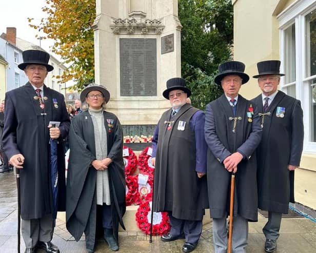 Members of the Brethren and the Master of the Lord Leycester Heidi Meyer at the war memorial in Warwick. Photo by The Lord Leycester.