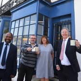 Caption: From the left, Martin Nwangwa (CWLEP Growth Hub), Steve Cooper and Fran Scott (Forget Me Not café) and David Owen (CWRT). Picture submitted.