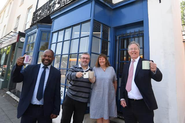 Caption: From the left, Martin Nwangwa (CWLEP Growth Hub), Steve Cooper and Fran Scott (Forget Me Not café) and David Owen (CWRT). Picture submitted.