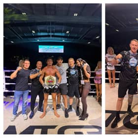 Left: George Mouzakitis with his team including his dad same and brother Myles from NakMuay Gym in Leamington celebrating his ISKA World Welterweight title win at the MTGP Fight Night event in Sheffield on October 3. Right: Myles Mouzakitis and his team from the gym including his dad Sam celebrate his MTGP British Super Lightweight title win at the same event. Pictures supplied.