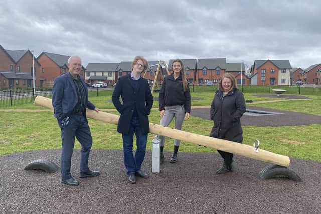 A new play area in Bishop’s Tachbrook has now opened. Pictured at the new play area from left to right: Emily Holland, Kompan Ltd,Alistair Clark, AC Lloyd, Sally Watts Warwick District Council, Cllr Matt Collins. Photo supplied