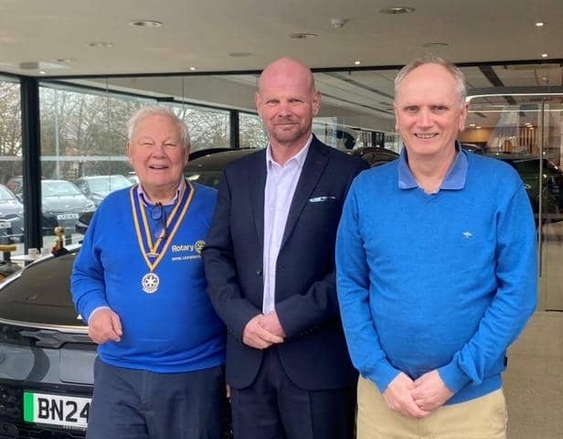 (left to right) Leamington Spa Rotary Club president Barry Andrews, Startin Kia Warwick sales manager Kurt Smoult and Rotarian Simon Evans.