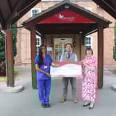 Left to right: Myton Hospices’ Dr Kumar and Partnerships Manager Chris Willmott, Chairman of WDC Cllr Sidney Syson. Photo supplied