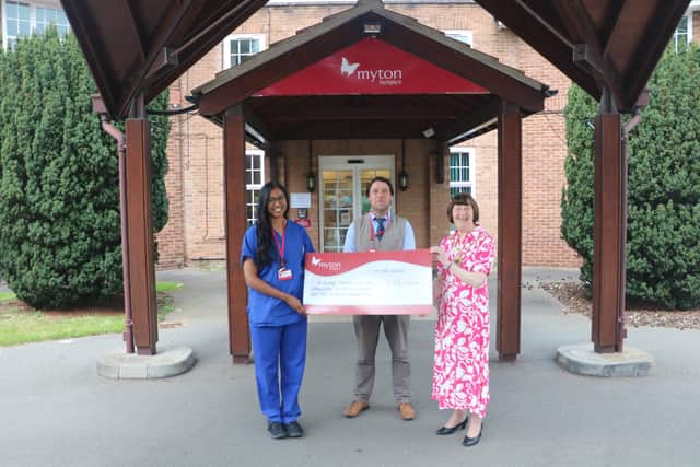 Left to right: Myton Hospices’ Dr Kumar and Partnerships Manager Chris Willmott, Chairman of WDC Cllr Sidney Syson. Photo supplied
