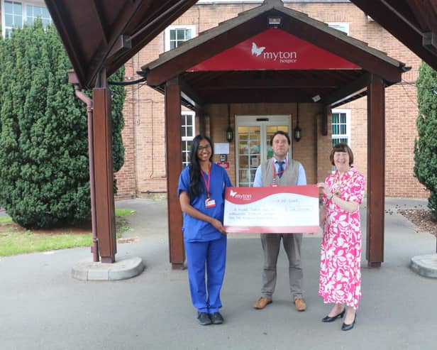 Left to right: Myton Hospices’ Dr Kumar and Partnerships Manager Chris Willmott, Chairman of WDC Cllr Sidney Syson. Photo supplied