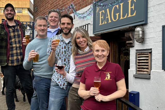 Photo shows chris Proudfoot, The Fourpenny Shop Hotel, Tom Buxton, The Cape of Good Hope; Sally-Jane Downes, Heart of Warwickshire CAMRA; Tim Maccabee, The Eagle and Old Post Office; Alex Ridgway, The Wild Boar (and Slaughterhouse Brewery) and Rachel Silverthorne, The Eagle and Old Post Office outside The Eagle pub in Warwick. Photo supplied