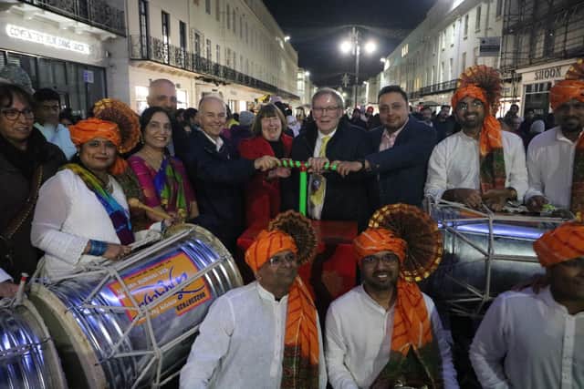 The festive atmosphere was ignited with a performance of Dhol Tasha music before the lights were switched on by Councillors Naveen Tangri, Hema Yellapragada and Raj Kang along with the Mayor of Leamington, Councillor Alan Boad and the Chairman and Leader of Warwick District Council, Councillors Sidney Syson and Ian Davison. Photo supplied