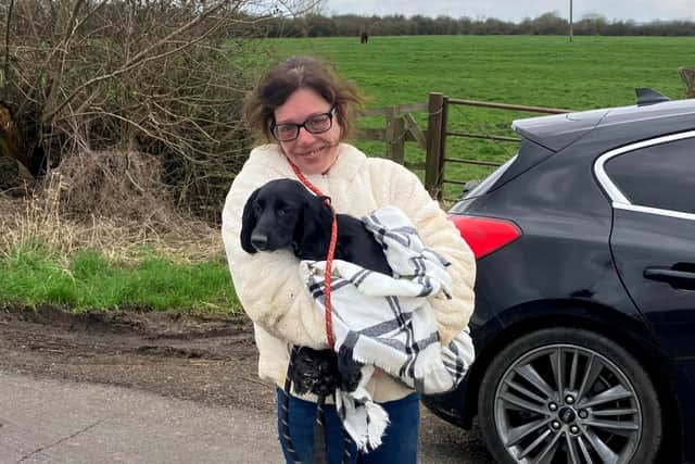 Jodie Dance is pictured with Bow after the pup was rescued from the ditch