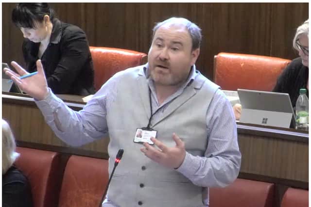 Green Party Councillor Will Roberts speaking in the chamber at a Warwickshire County Council meeting. Photo supplied