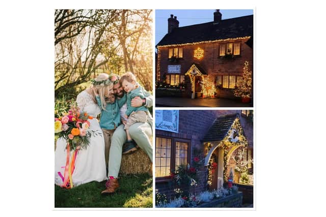 Left: Katie and her family. Top and bottom right: Gillian Hawtin's home in Kineton which she has decorated as 'a Christmas gift' to the Myton Hospices in Katie's memory.
