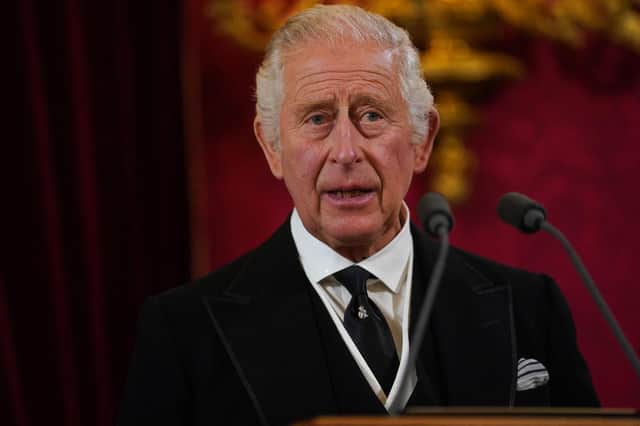 Britain's King Charles III speaks during a meeting of the Accession Council inside St James's Palace in London.