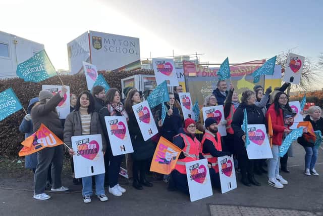 The NEU picket line outside Myton School this morning. Picture courtesy of the Warwick and Leamington Labour Party Forum.