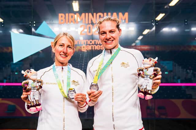 Sarah-Jane Perry (right) and Alison Waters with their silver medals