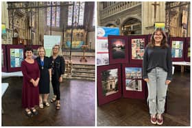 Left: Stella Bolitho, Leamington Deputy Mayor Judith Clarke and Irene Tsiampakou at the exhibition.
Right: Libby Berridge with her work at the exhibition.