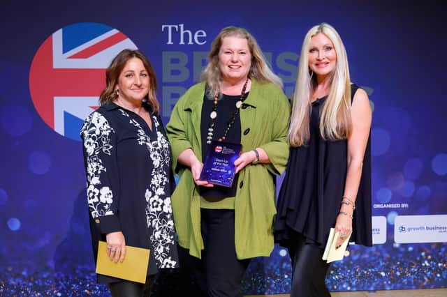 Karen Woods pictured at British Business Awards with Bex Barnett, of Medium Segment Marketing Sage and host Caprice Bourett, model and businesswoman. Photo by BBA.