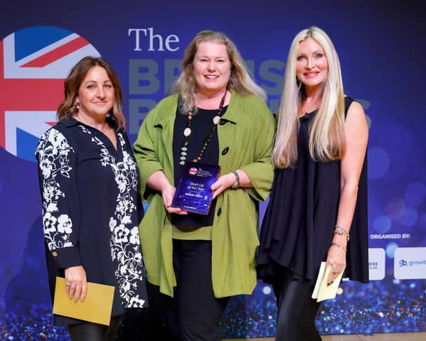 Karen Woods pictured at British Business Awards with Bex Barnett, of Medium Segment Marketing Sage and host Caprice Bourett, model and businesswoman. Photo by BBA.