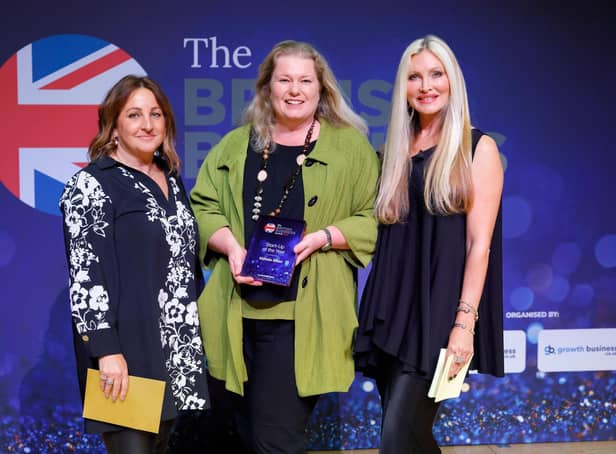 Karen Woods pictured at British Business Awards with Bex Barnett, of Medium Segment Marketing Sage and host Caprice Bourett, model and businesswoman. Photo by BBA.