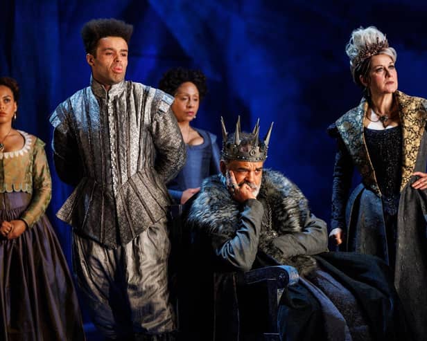 Cat White as Helen, Conor Glean as Cloten, Marcia Lecky as Lady, Peter De Jersey as Cymbeline and Alexandra Gilbreath as The Queen (photo: Ellie Kurttz)