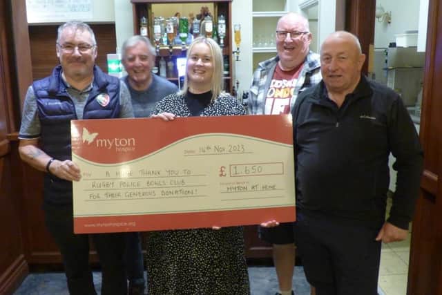 At their recent AGM, Rugby Police Bowls Club presented a cheque for £1,650 to Laura Eaton, who was representing ‘Myton Hospice Care at Home’, which provides palliative care to patients in their home. Photo supplied