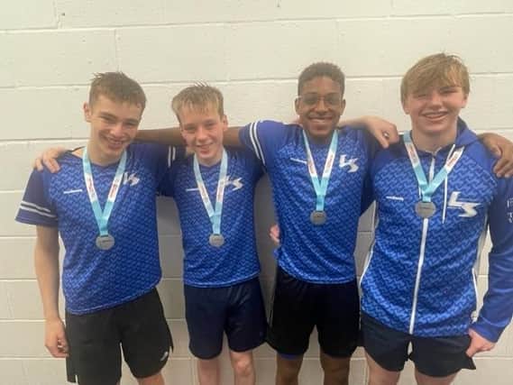 The 4x100m medley relay team. Left to right: Charlie Rounce, Dan Wilks, Andre Onyekwye, Ned Stevens. (photo:LSASC)