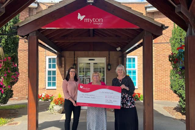 The Myton Hospices have launched a Forever Memories fund to help create special moments for their patients and their loved ones. Left to right show: Annamarie, Grants Officer at The Myton Hospcies, Trustee Angie and Trustee Jane at The Carl Lewis Foundation. Photo supplied