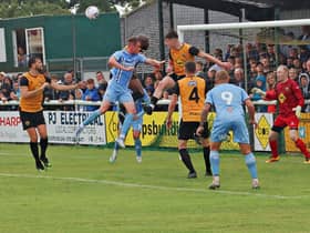 Action from Leamington's 3-1 defeat to Coventry at the weekend. Pic by Sally Ellis.