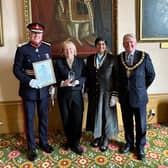 From left to right: Tim Cox, Lord Lieutenant of Warwickshire; Sue Hart of The Graham Fulford Trust; Rajvinder Kaur Gill, High Sheriff of Warwickshire; and Councillor Christopher Kettle, Chair of Warwickshire County Council. Photo by Warwickshire County Council