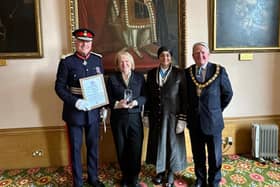 From left to right: Tim Cox, Lord Lieutenant of Warwickshire; Sue Hart of The Graham Fulford Trust; Rajvinder Kaur Gill, High Sheriff of Warwickshire; and Councillor Christopher Kettle, Chair of Warwickshire County Council. Photo by Warwickshire County Council