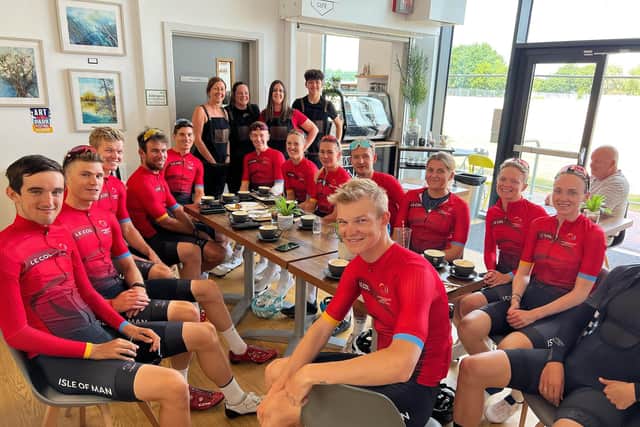 The Isle of Man cycling team including Mark Cavendish with Charlotte Price, her partner Jenna and Charolotte's mother Jacqui Ayling at Blenz Café in Whitnash. Picture submitted.