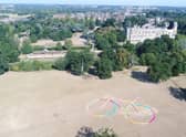 Positioned in Warwick Castle Farm Park field, the bike’s frame was made from 252 straw bales, each measuring 81 x 46 x 31 cm and weighing 18 kg, with its wheels built from brightly coloured material to match the Commonwealth Games Colours. Photo supplied by Warwickshire County Council