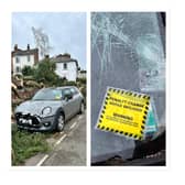 The damaged car with the fake parking ticket on it. Pictures supplied.