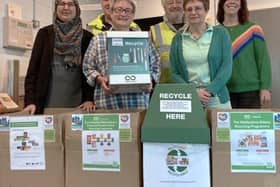 May Lau with volunteers and supporters around collection and sorting boxes at the Kenilworth Centre.
Left to right Front: Faryal Omar (Recycle for Kenilworth), May Lau (Recycle for Kenilworth) and Louise Griew (Kenilworth All Together Greener). Left to right back: Ivan Pointon (Kenilworth Lions), Bill Birkett (Kenilworth Lions) and Becky Webb (Joint Kenilworth centre manager). Photo supplied