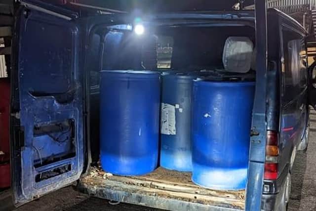 Officers were called to reports of a theft of fuel at a local business premises in the early hours of Saturday morning (October 8). When they arrived they found a man filling up his van with barrels - and arrested him.