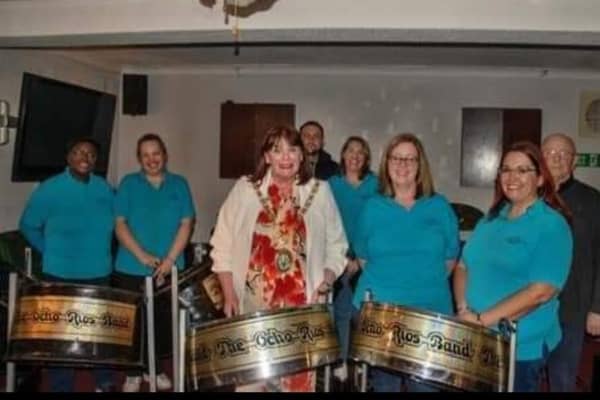 Rugby Mayor with drummers at the celebrations.