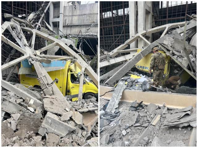 Ambulance Aid’s first ambulance  (delivered in April 2022) was destroyed on July 21 in a missile attack at a hospital's garage. Photos supplied by Ambulance Aid