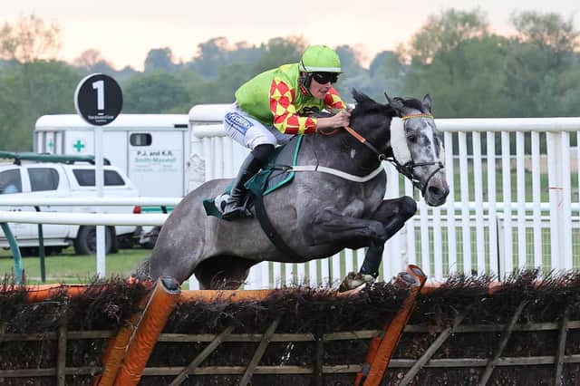 Saint Riquier jumps the final flight in the Racing TV Profits Returned To Racing Handicap Hurdle at Warwick races  Picture by David Pratt