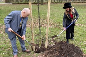 The Mayor of Rugby Carolyn Watson-Merritt performed the planting with Rotary Club of Rugby President Keith Ward