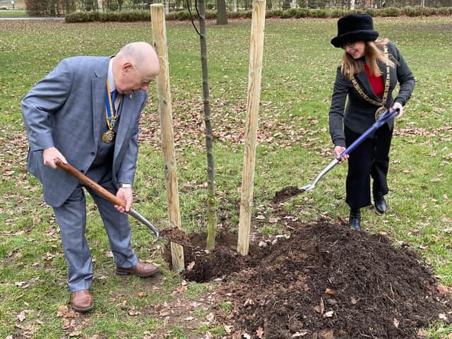 The Mayor of Rugby Carolyn Watson-Merritt performed the planting with Rotary Club of Rugby President Keith Ward