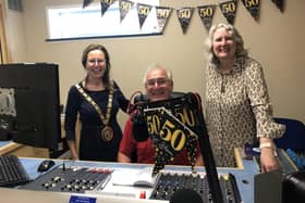 Rugby mayor Cllr Carolyn Watson-Merret and Dame Stella Manzie (Chair UHCW NHS Trust) visiting the studio on the day.