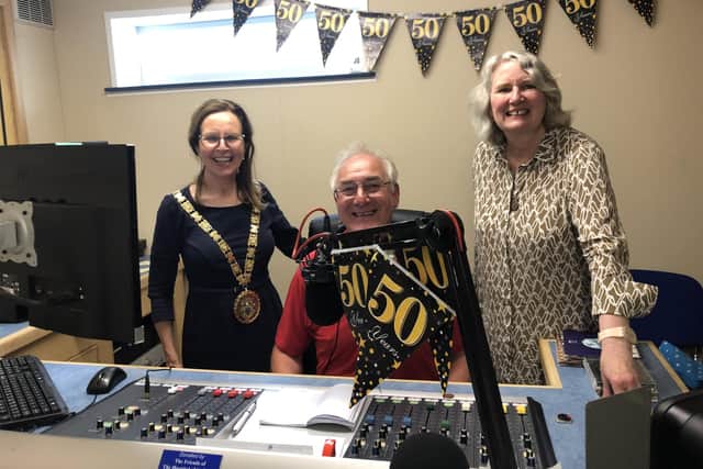 Rugby mayor Cllr Carolyn Watson-Merret and Dame Stella Manzie (Chair UHCW NHS Trust) visiting the studio on the day.