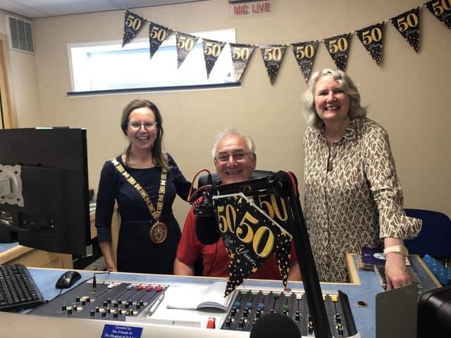 Rugby mayor Cllr Carolyn Watson-Merret and Dame Stella Manzie (Chair UHCW NHS Trust) visiting the studio on the day.