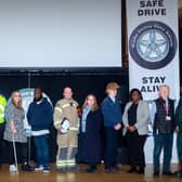 Pictured with Rugby School Students: P.C. Luke Heming (Metropolitan Police), Craig Hands (Metropolitan Police), Angela Platt, Teddy (Host), Daniel Foster (London Fire Brigade), Cllr. Carolyn Watson-Merret (Rugby Borough Council), Chiedza mupfumir (Cemex), George (Event Organiser) and Natalia Croney (London Ambulance Service)