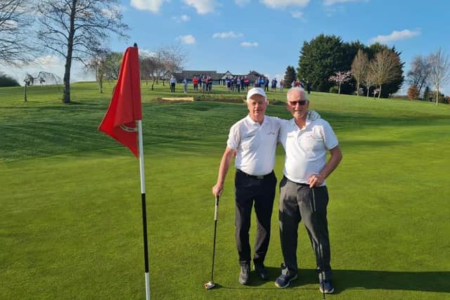 Pat Manning from Warwick and Bill Ryan from Leamington at the final hole at Leamington and County Golf Club