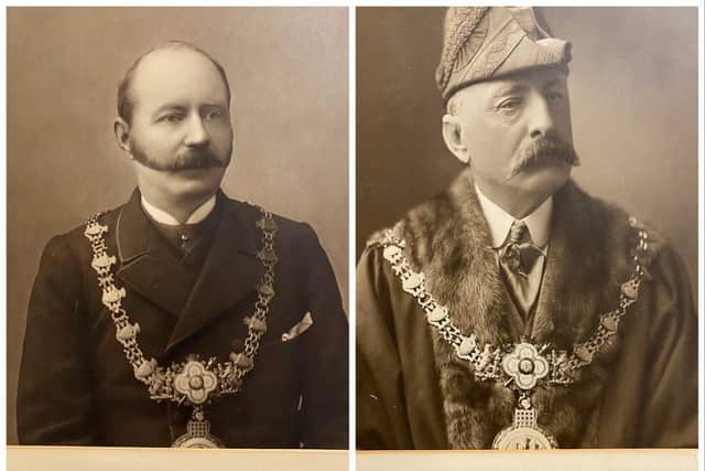 Two of the photographs of former mayors. Left shows: James Wight Mann (1890 - 1892) and right shows: Harry T. Smith-Turberville (1911 - 1912). Photos by Unlocking Warwick