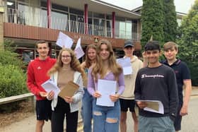 Myton School pupils receiving their results. Photo shows shows, left to right: Dan, Libby, Jocelyn, Lily, Toby, Hari; and James. Photo supplied by Myton School