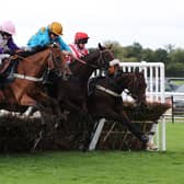 Getalead (left) leads Glimpse Of Gala and Coldstream over the last in the Ignite Incentives Handicap Hurdle