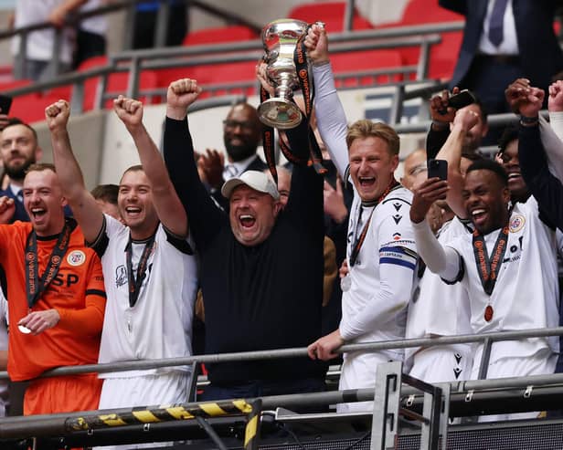 Bromley celebrate their promotion success from the National League last season.