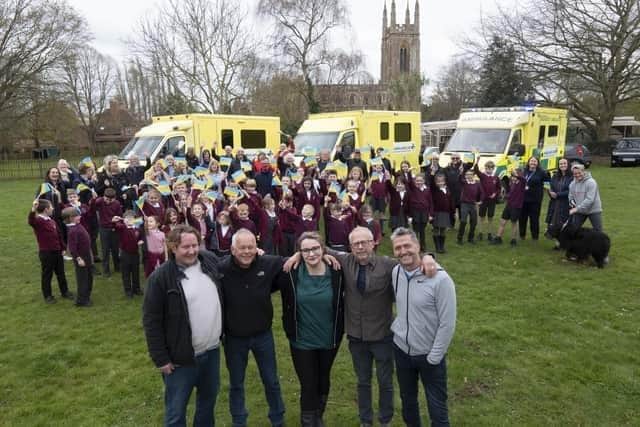 Alf Rajkowski, a retired property developer from Hampton Lucy, set off April 6 in one of the two ex-NHS ambulances that he and his friend, Mark Pritchard-Jeffs, have donated to Ambulance Aid. Residents and children from Hampton Lucy School waved off the drivers with Ukrainian flags and messages of solidarity.