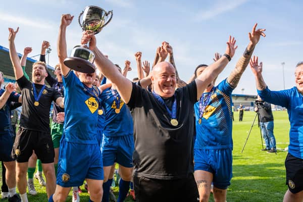 Leamington boss Paul Holleran celebrates a day to remember. Pic: Cameron Murray.